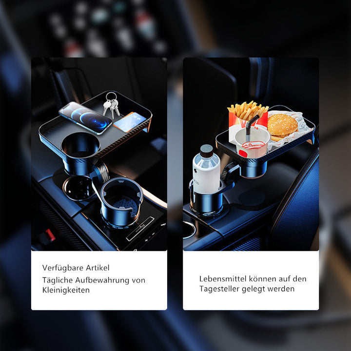 "Svart multifunktionell mugghållare för bil med matbricka, justerbar design, passar i de flesta fordon, enkel rengöring."