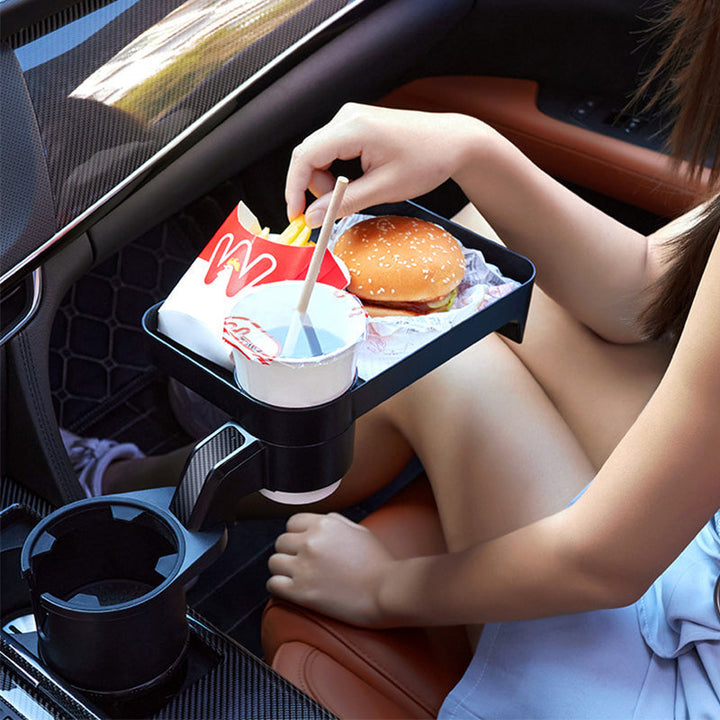 "Svart multifunktionell mugghållare för bil med matbricka, justerbar design, passar i de flesta fordon, enkel rengöring."