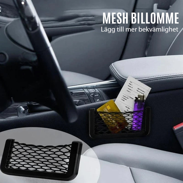 "Svart nätficka för bilens förvaring, elegant design, perfekt för småsaker, enkel installation på dörrsida med tejp."