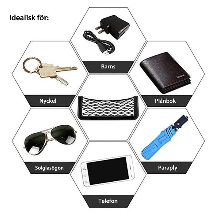 "Svart nätficka för bilens förvaring, elegant design, perfekt för småsaker, enkel installation på dörrsida med tejp."