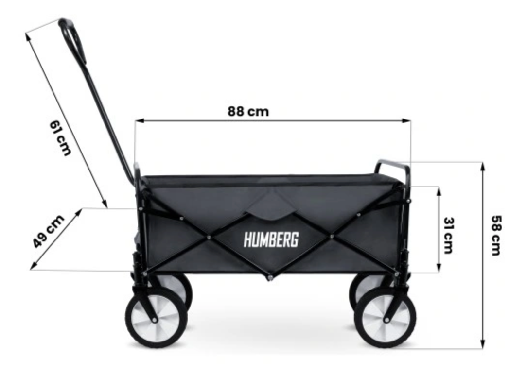 Svart och orange fällbar vagn, 100L, 90kg kapacitet, för utflykter och transport, med praktiska fickor och vadderade handtag.