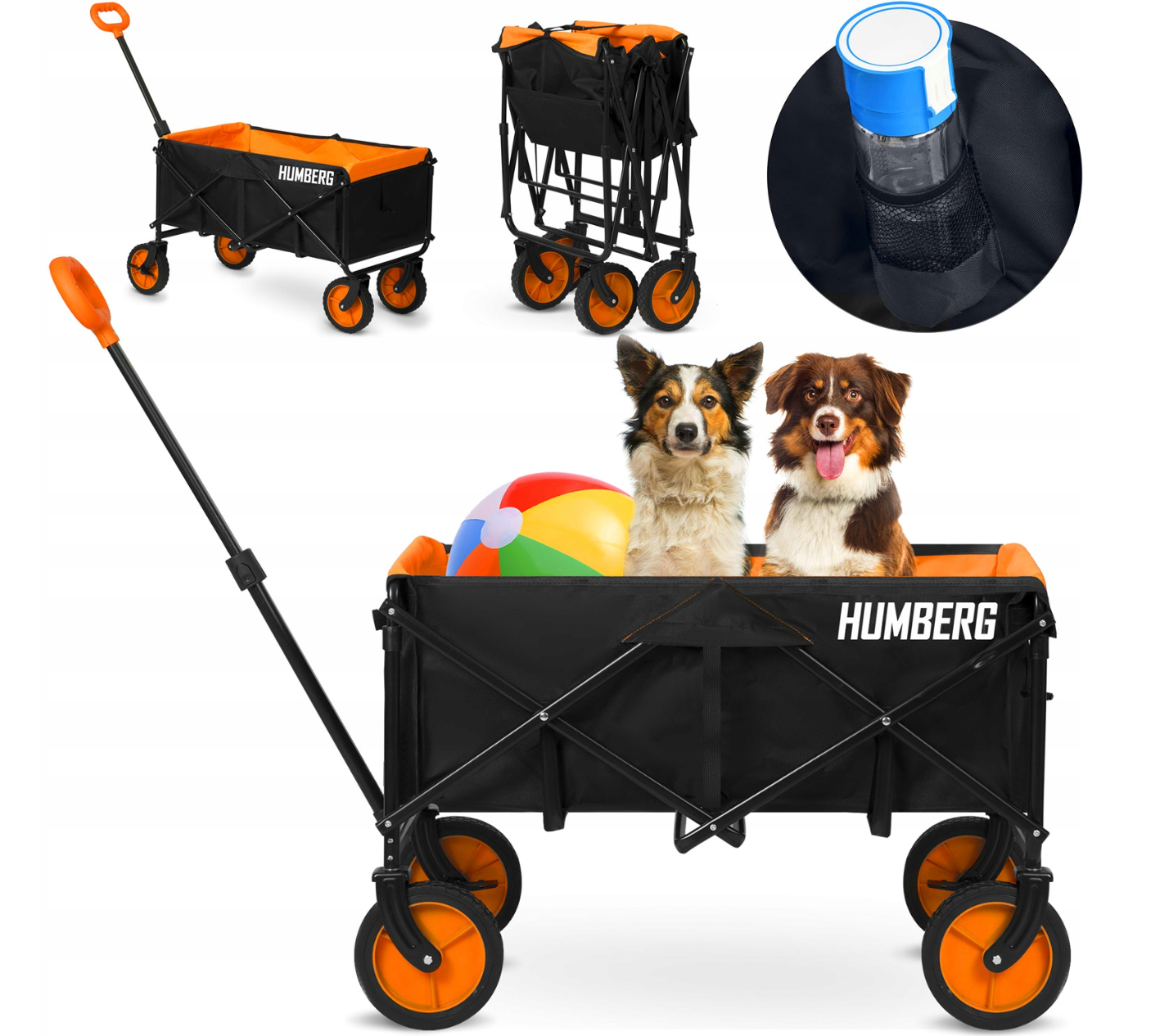Svart och orange fällbar vagn, 100L, 90kg kapacitet, för utflykter och transport, med praktiska fickor och vadderade handtag.