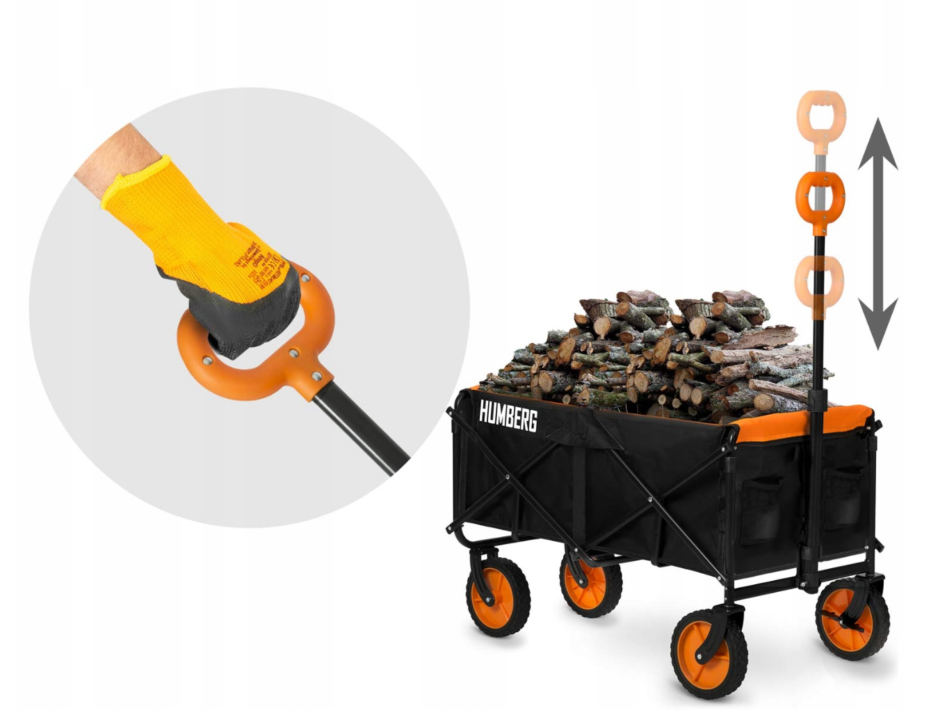 Svart och orange fällbar vagn, 100L, 90kg kapacitet, för utflykter och transport, med praktiska fickor och vadderade handtag.