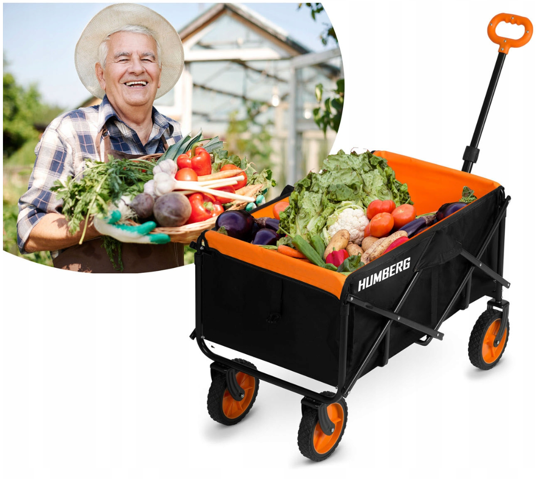 Svart och orange fällbar vagn, 100L, 90kg kapacitet, för utflykter och transport, med praktiska fickor och vadderade handtag.