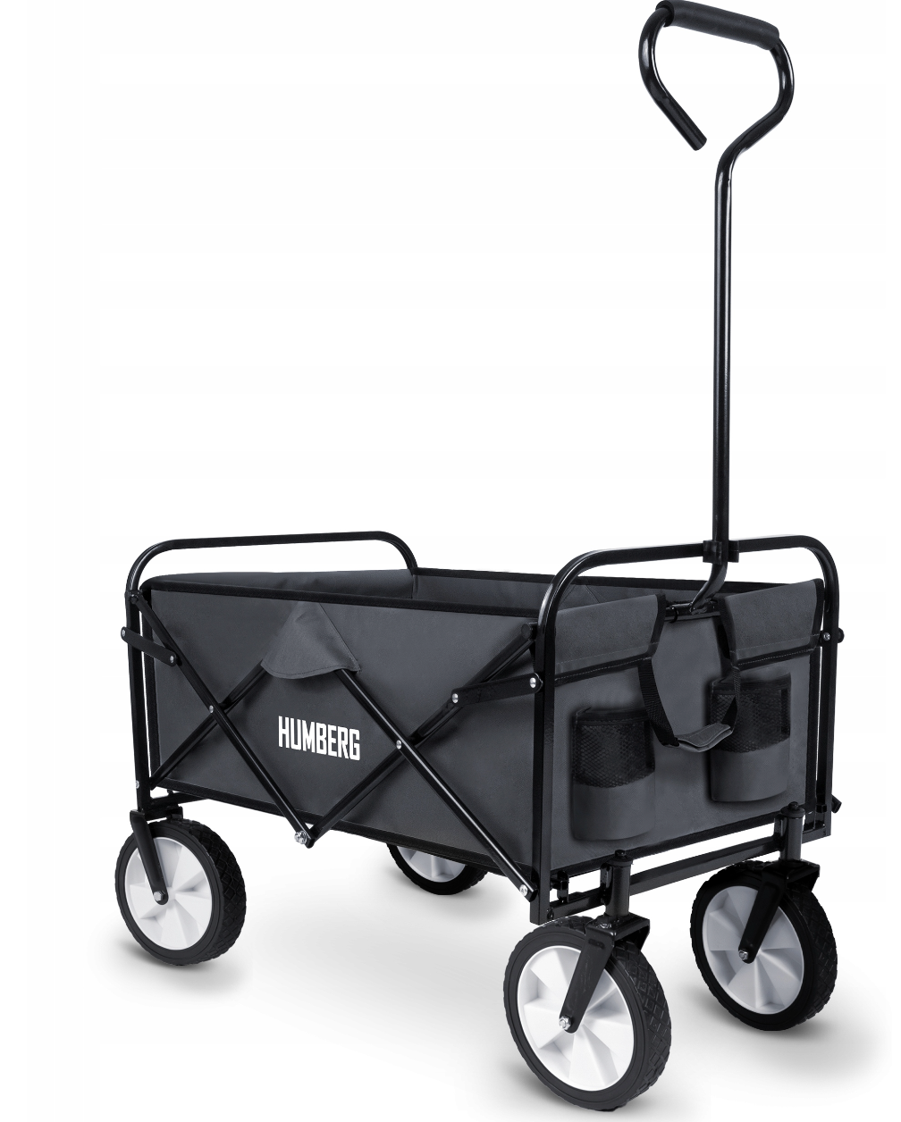Svart och orange fällbar vagn, 100L, 90kg kapacitet, för utflykter och transport, med praktiska fickor och vadderade handtag.