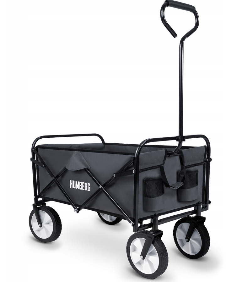 Svart och orange fällbar vagn, 100L, 90kg kapacitet, för utflykter och transport, med praktiska fickor och vadderade handtag.