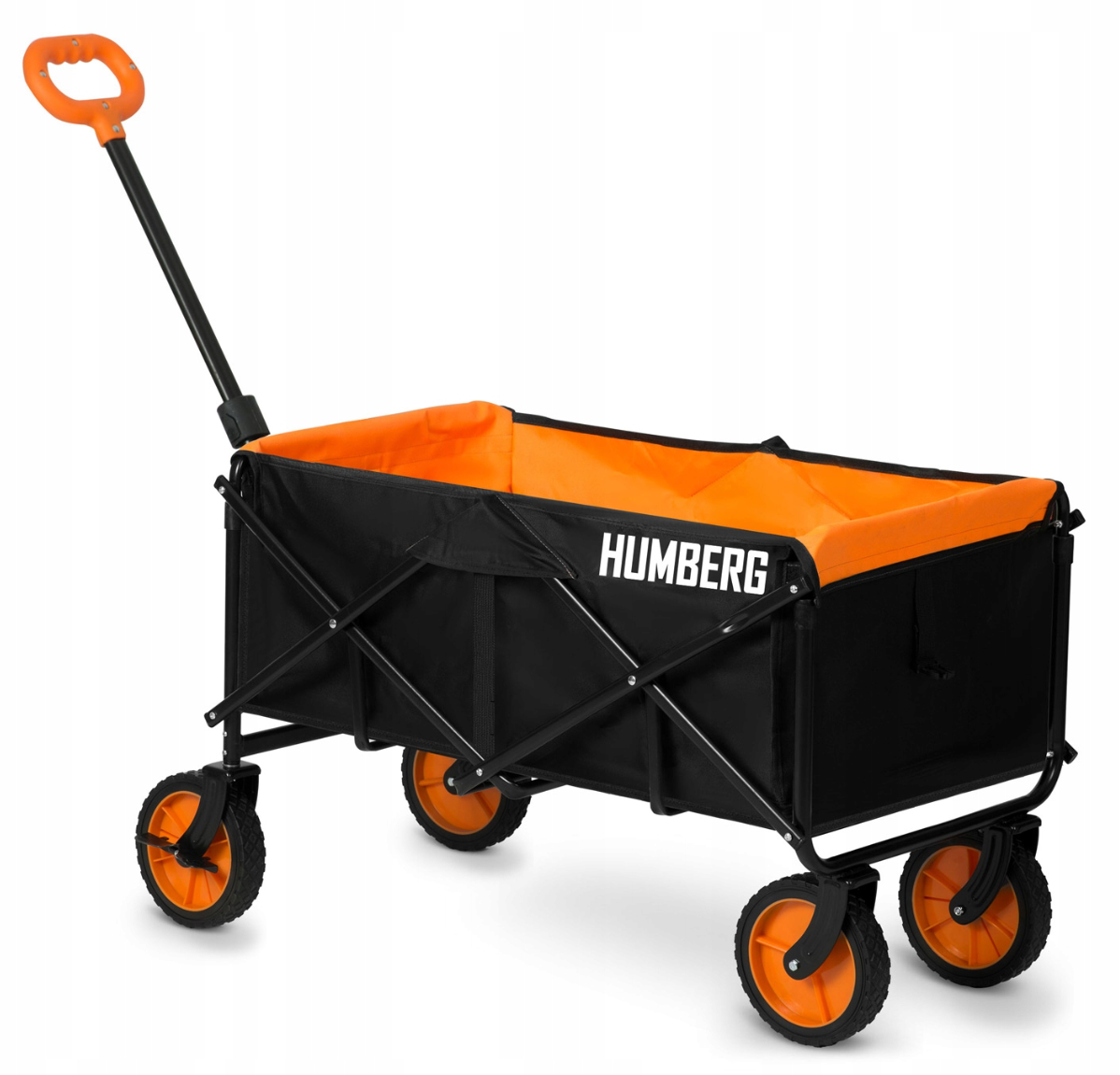 Svart och orange fällbar vagn, 100L, 90kg kapacitet, för utflykter och transport, med praktiska fickor och vadderade handtag.