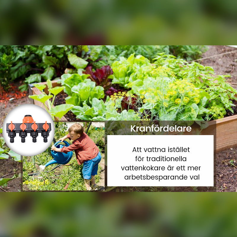"Svart och orange trädgårdsslangsplitt med fyra snabbkopplingar, idealisk för bevattningsuppgifter i små och stora trädgårdar