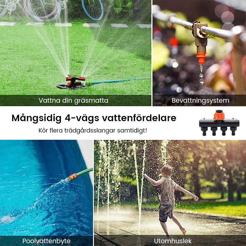 "Svart och orange trädgårdsslangsplitt med fyra snabbkopplingar, idealisk för bevattningsuppgifter i små och stora trädgårdar