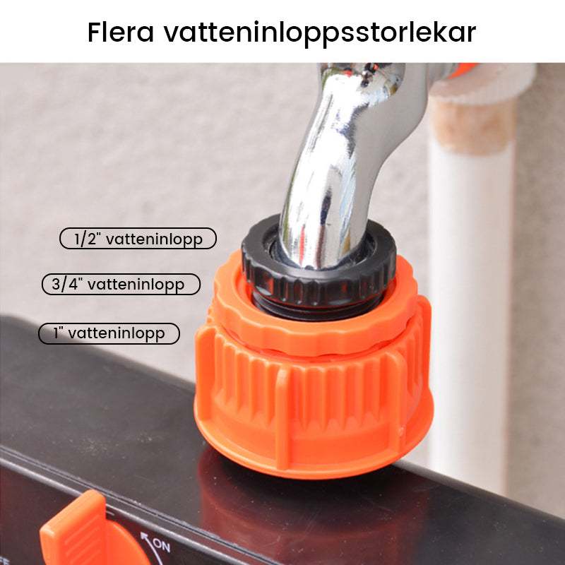 "Svart och orange trädgårdsslangsplitt med fyra snabbkopplingar, idealisk för bevattningsuppgifter i små och stora trädgårdar