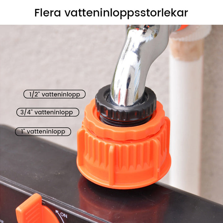 "Svart och orange trädgårdsslangsplitt med fyra snabbkopplingar, idealisk för bevattningsuppgifter i små och stora trädgårdar