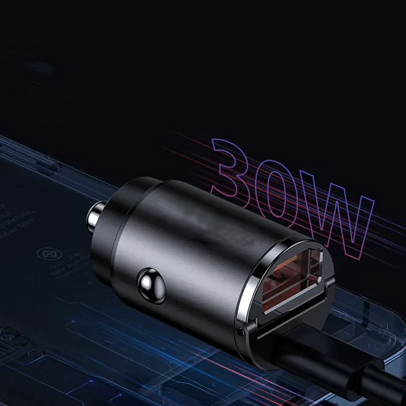 "Svart och silver, multikompatibel snabbladdande billaddare med USB och Typ-C portar för bilen, kompakt och säker."