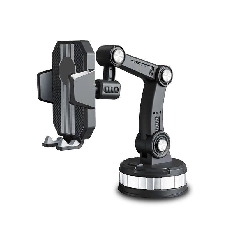 "Svart super absorption telefonhållare med 360° rotation och teleskoparm, monterad i bil för säker körning."