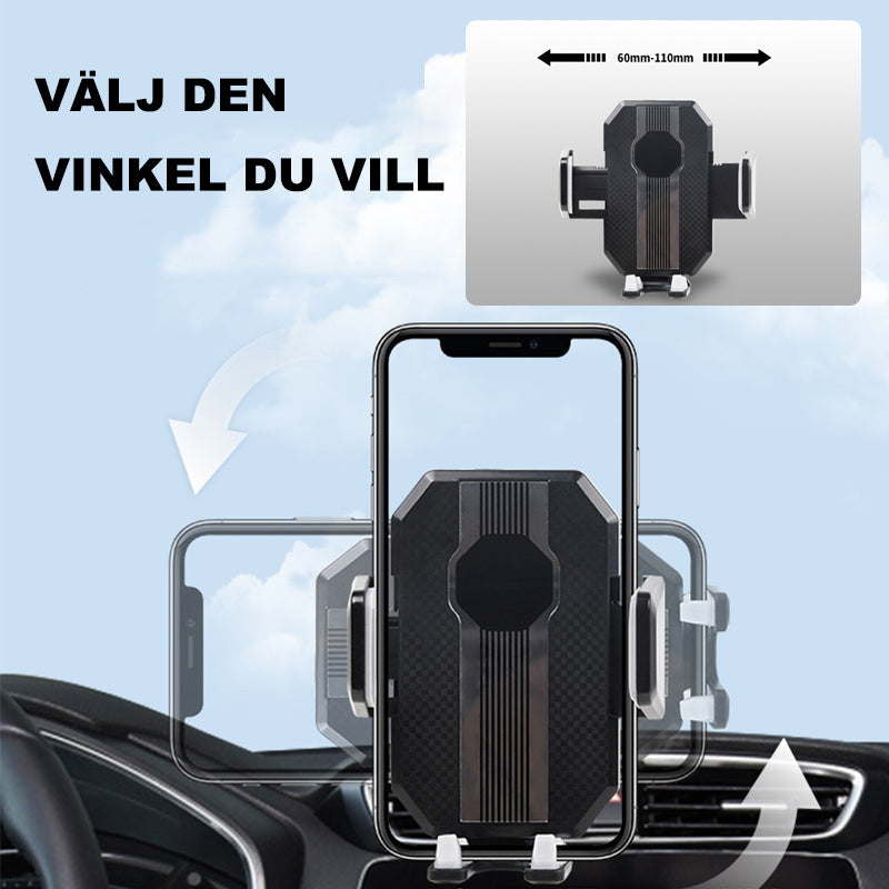 "Svart super absorption telefonhållare med 360° rotation och teleskoparm, monterad i bil för säker körning."