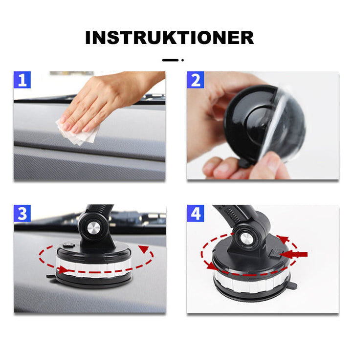 "Svart super absorption telefonhållare med 360° rotation och teleskoparm, monterad i bil för säker körning."