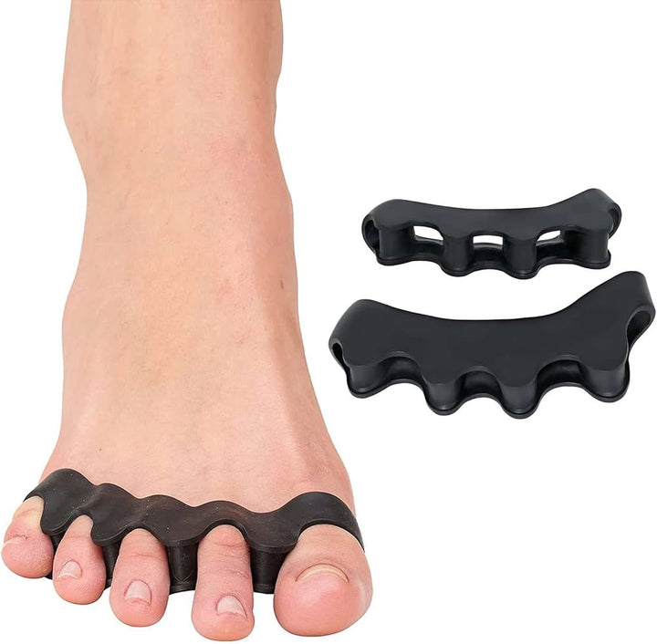 "Svart tåseparerare i silikon för Hallux Valgus, flexibel design, lämplig för barfota, strumpor och skor."