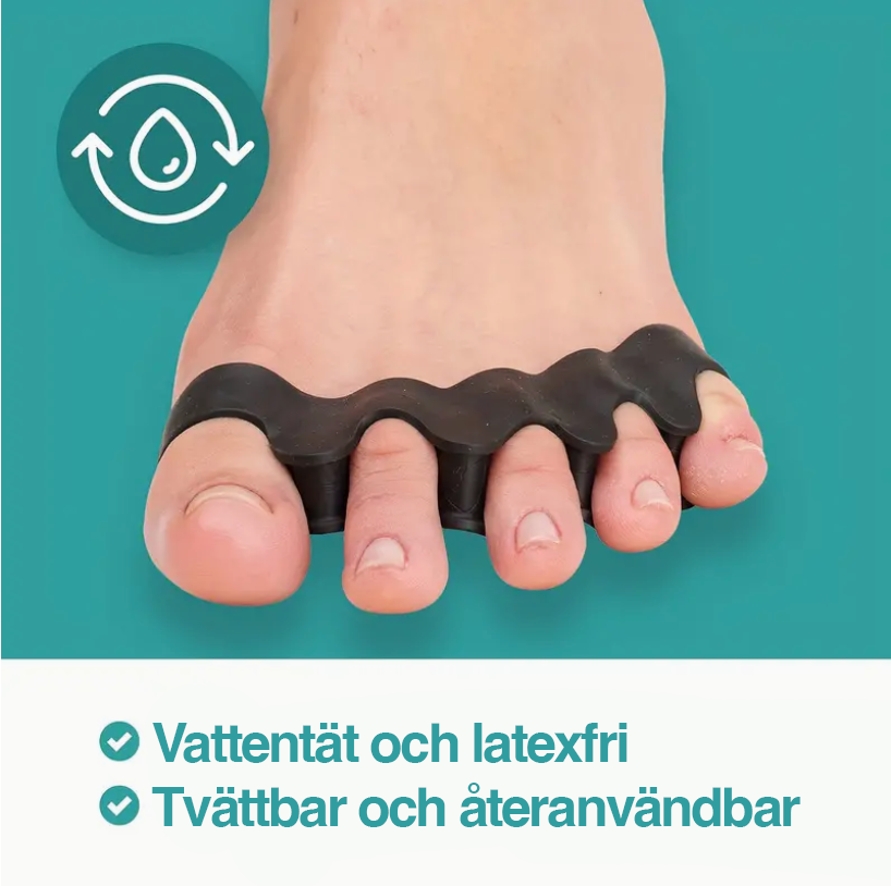 "Svart tåseparerare i silikon för Hallux Valgus, flexibel design, lämplig för barfota, strumpor och skor."