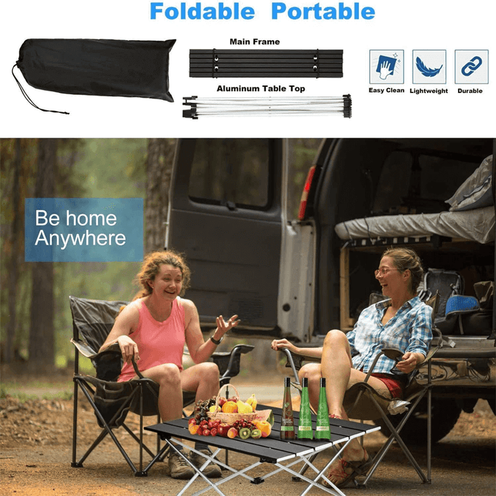 "Svart ultralätt hopfällbart bord av aluminiumlegering, perfekt för camping och picknick, med minimalistisk design."