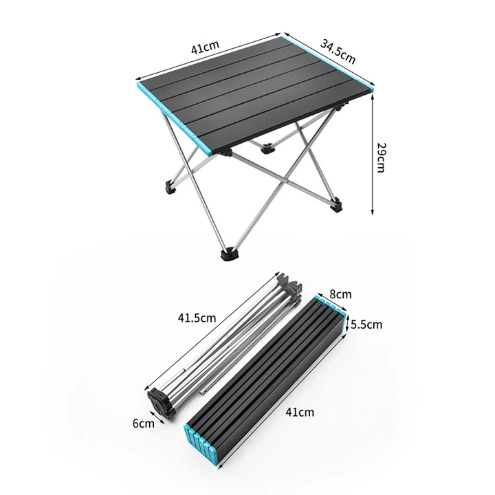 "Svart ultralätt hopfällbart bord av aluminiumlegering, perfekt för camping och picknick, med minimalistisk design."