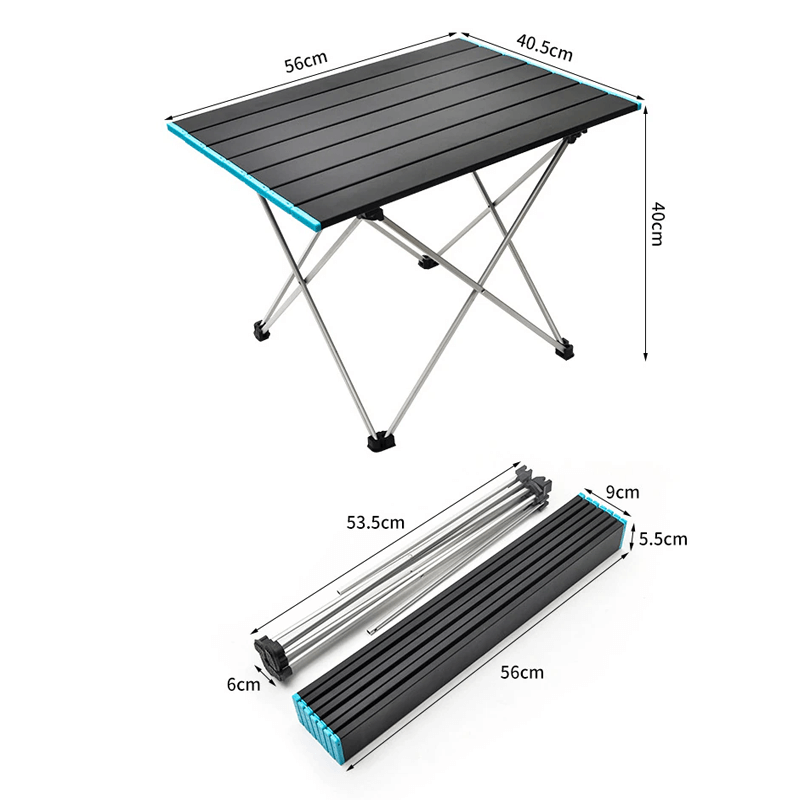 "Svart ultralätt hopfällbart bord av aluminiumlegering, perfekt för camping och picknick, med minimalistisk design."
