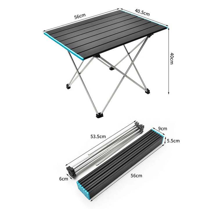 "Svart ultralätt hopfällbart bord av aluminiumlegering, perfekt för camping och picknick, med minimalistisk design."