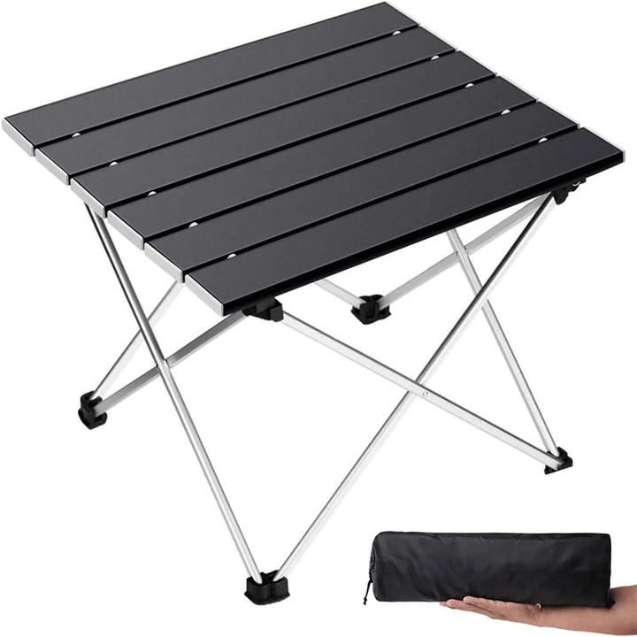 "Svart ultralätt hopfällbart bord av aluminiumlegering, perfekt för camping och picknick, med minimalistisk design."