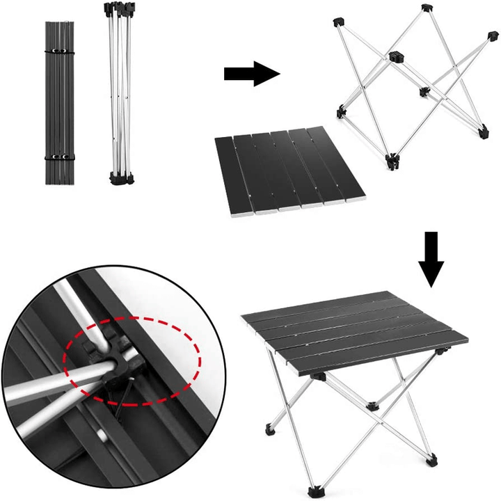 "Svart ultralätt hopfällbart bord av aluminiumlegering, perfekt för camping och picknick, med minimalistisk design."