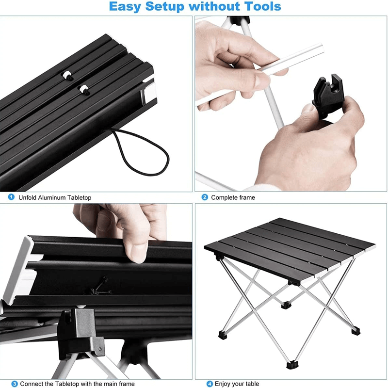 "Svart ultralätt hopfällbart bord av aluminiumlegering, perfekt för camping och picknick, med minimalistisk design."