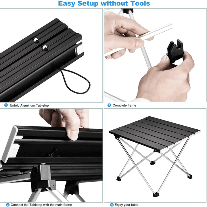 "Svart ultralätt hopfällbart bord av aluminiumlegering, perfekt för camping och picknick, med minimalistisk design."