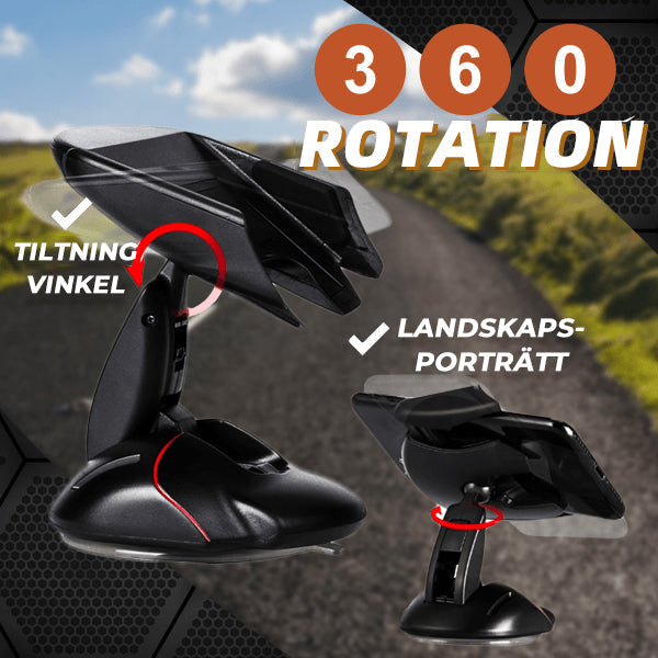 "Svart universal mobilhållare i bilen med 360° rotation, justerbar arm, fäst på instrumentbräda, håller smartphone säkert."
