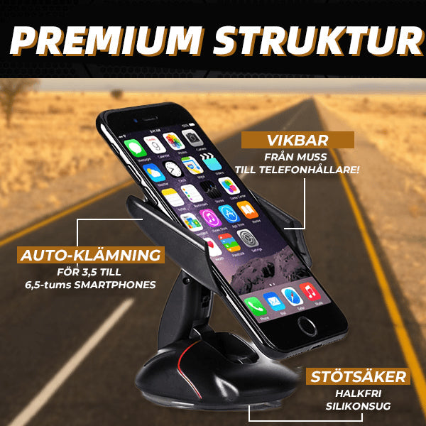 "Svart universal mobilhållare i bilen med 360° rotation, justerbar arm, fäst på instrumentbräda, håller smartphone säkert."