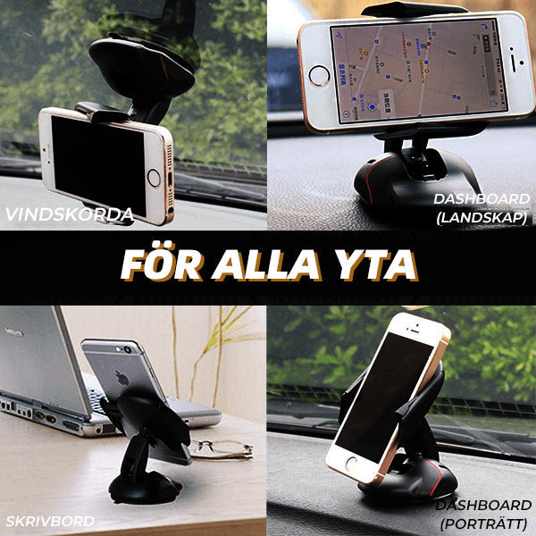 "Svart universal mobilhållare i bilen med 360° rotation, justerbar arm, fäst på instrumentbräda, håller smartphone säkert."