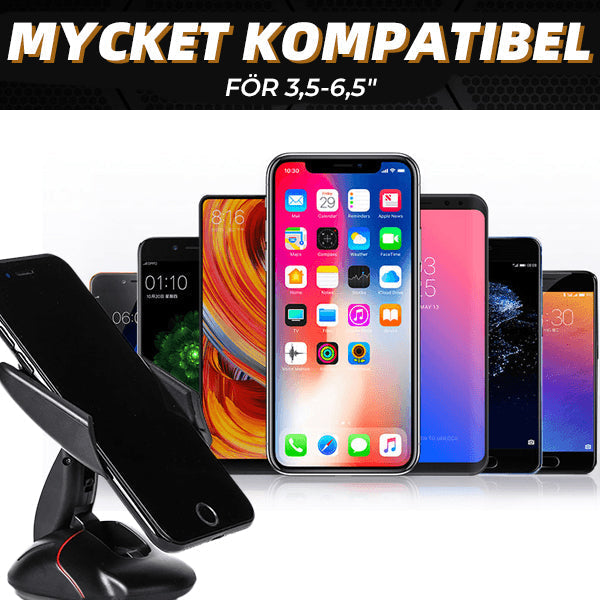 "Svart universal mobilhållare i bilen med 360° rotation, justerbar arm, fäst på instrumentbräda, håller smartphone säkert."