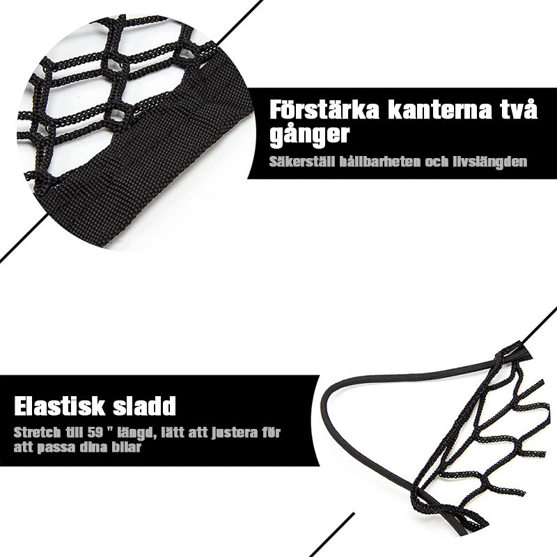 "Svart universell nylon nätväska för bilbagageutrymme, organiserar och håller föremål säkra. Slitstark design."