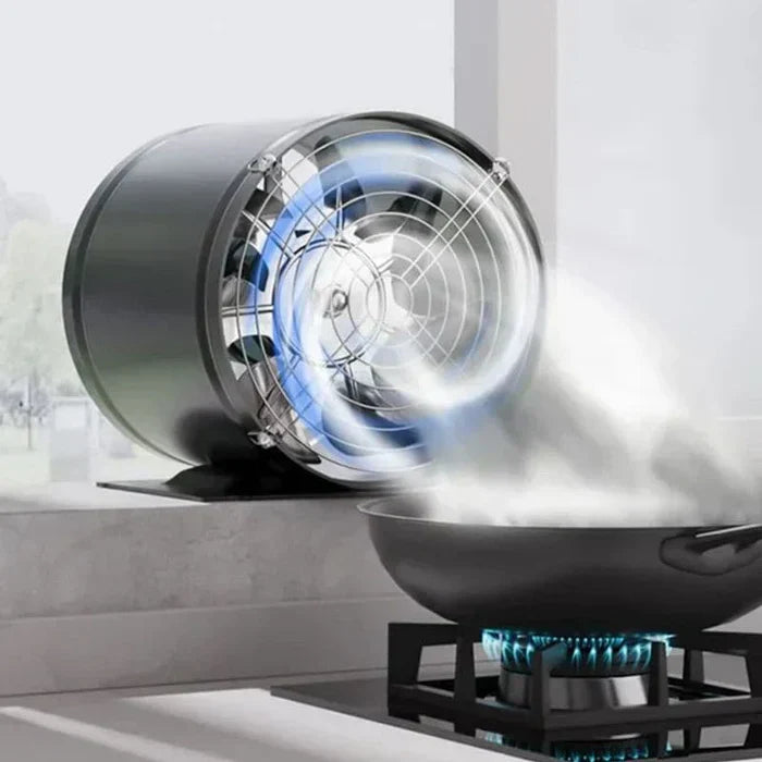 "Svart utblåsventilator med metallhölje, hög kapacitet för effektiv eliminering av lukter och rök i hem och kontor."