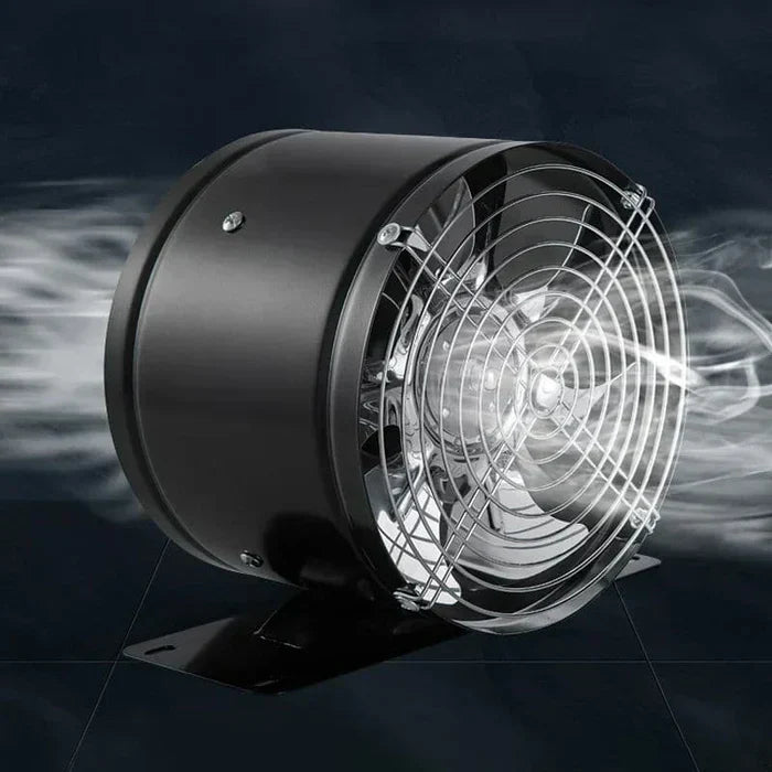"Svart utblåsventilator med metallhölje, hög kapacitet för effektiv eliminering av lukter och rök i hem och kontor."