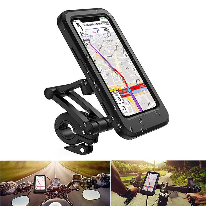 "Svart vattentät cykeltelefonhållare med 360° rotation, känslig touchscreen och universell kompatibilitet för smartphones."