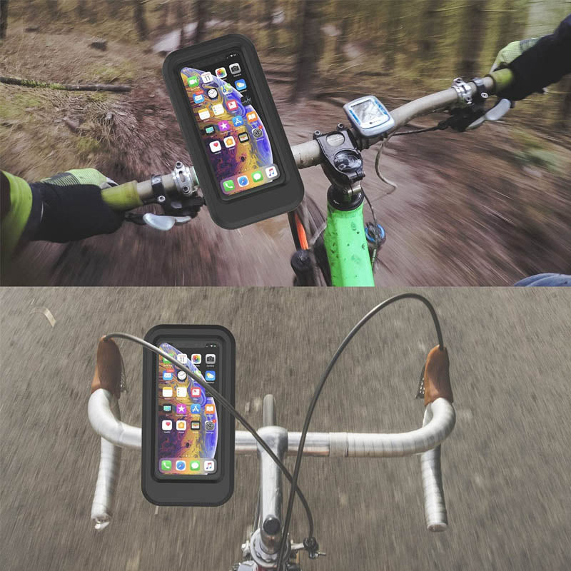 "Svart vattentät cykeltelefonhållare med 360° rotation, känslig touchscreen och universell kompatibilitet för smartphones."