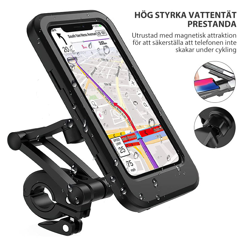 "Svart vattentät cykeltelefonhållare med 360° rotation, känslig touchscreen och universell kompatibilitet för smartphones."