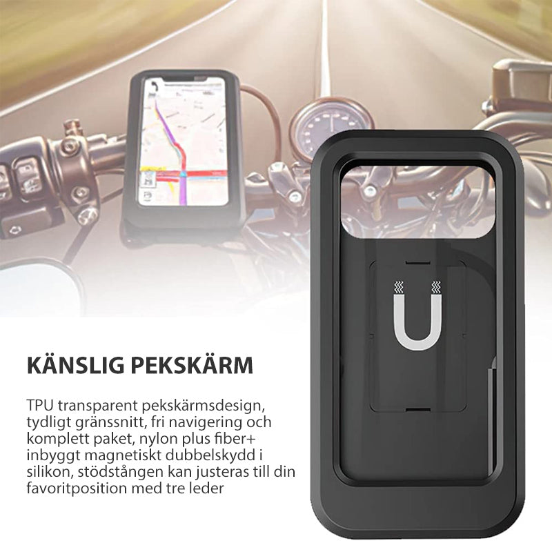 "Svart vattentät cykeltelefonhållare med 360° rotation, känslig touchscreen och universell kompatibilitet för smartphones."
