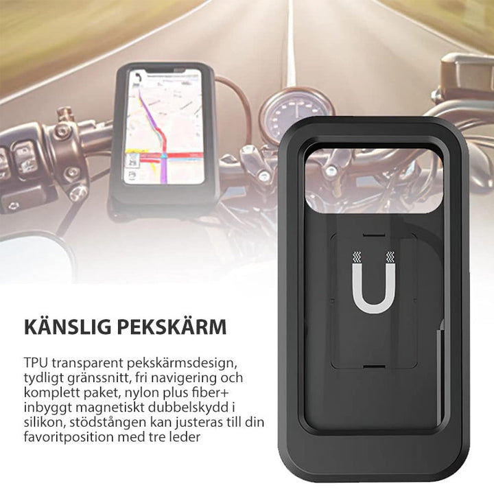 "Svart vattentät cykeltelefonhållare med 360° rotation, känslig touchscreen och universell kompatibilitet för smartphones."