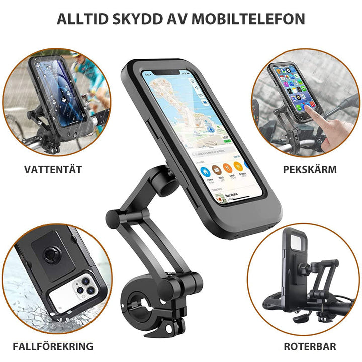 "Svart vattentät cykeltelefonhållare med 360° rotation, känslig touchscreen och universell kompatibilitet för smartphones."