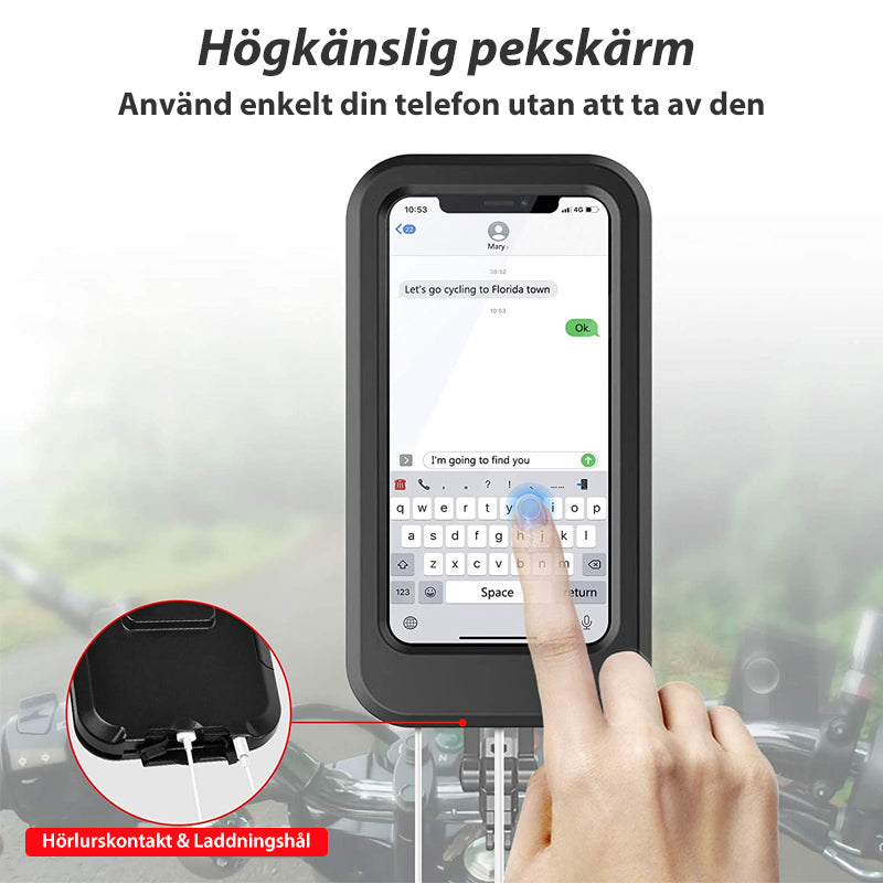 "Svart vattentät cykeltelefonhållare med 360° rotation, känslig touchscreen och universell kompatibilitet för smartphones."