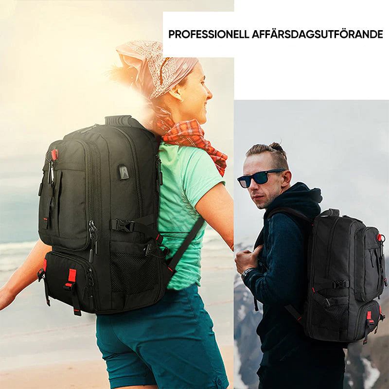 "Svart vattentät reseryggsäck med USB-port, stor kapacitet för 17,3-tums dator, ergonomisk och stöldskyddad."