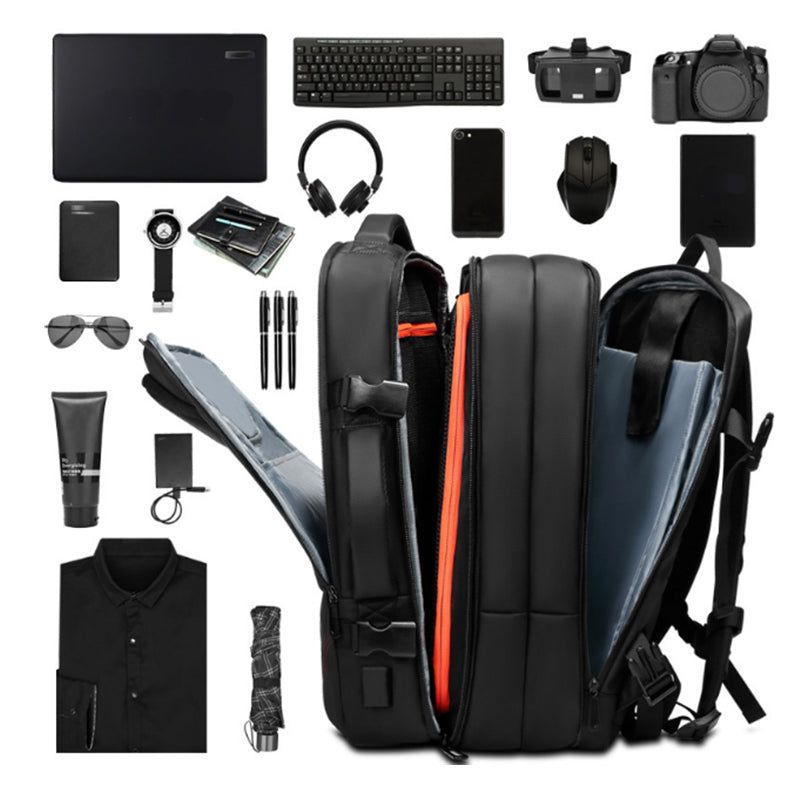 "Svart, vattentät ryggsäck för män med USB-laddningsport, stora fickor och justerbara vadderade remmar."