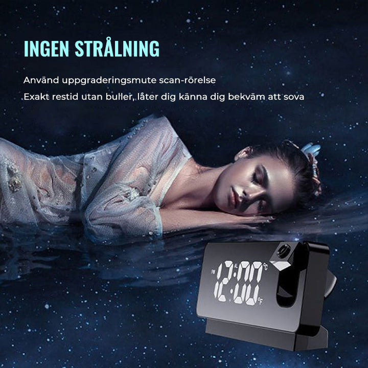"Svart vit digital projektionsklocka med tydlig LED-skärm och takprojektion för enkel tidsvisning i sovrum."