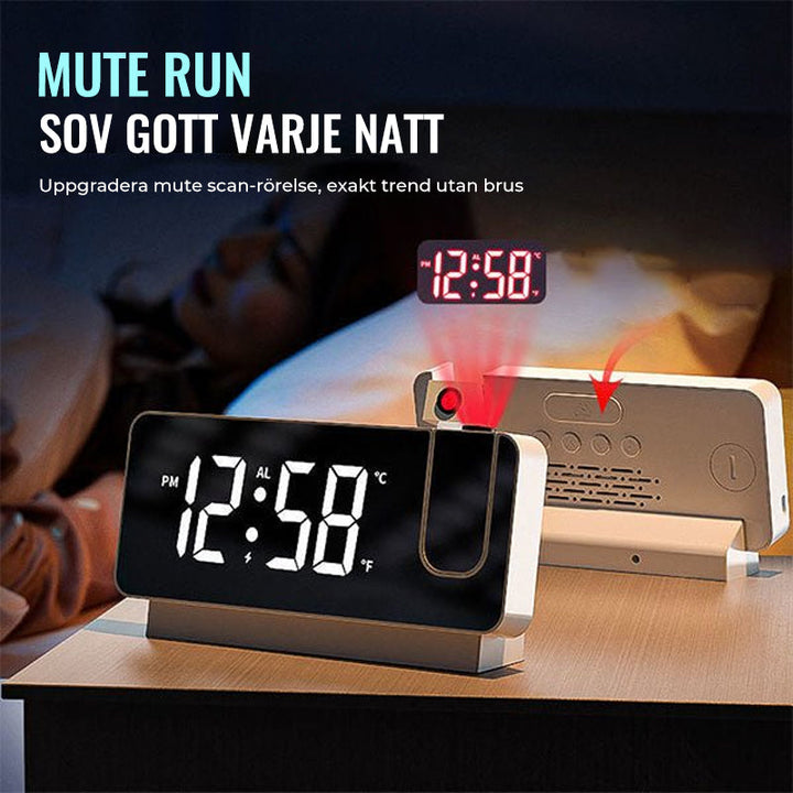 "Svart vit digital projektionsklocka med tydlig LED-skärm och takprojektion för enkel tidsvisning i sovrum."