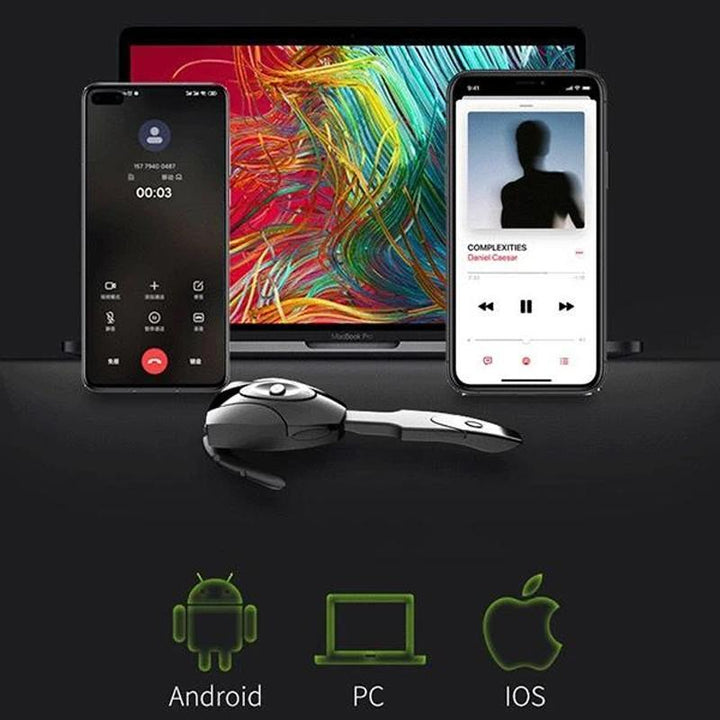 Svarta trådlösa Bluetooth-hörlurar med brusreducering för arbete och fritid, elegant design och ENC-teknik.
