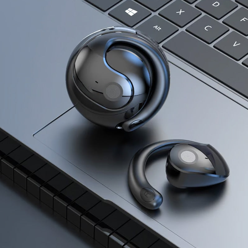 "Svarta trådlösa Bluetooth-öronsnäckor med AI för översättning och klart ljud, perfekt för resor och arbete."
