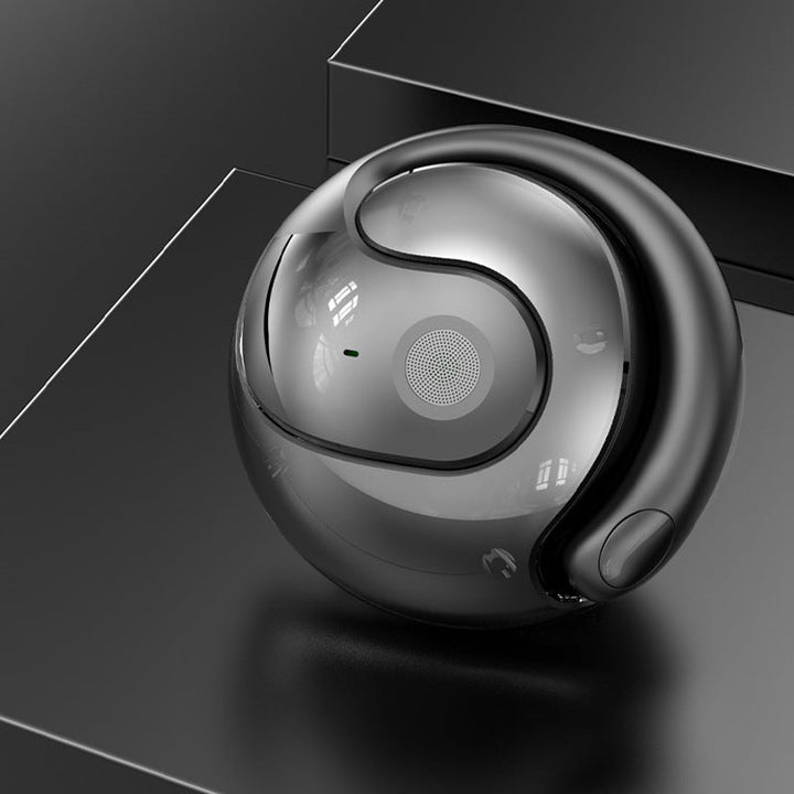 "Svarta trådlösa Bluetooth-öronsnäckor med AI för översättning och klart ljud, perfekt för resor och arbete."